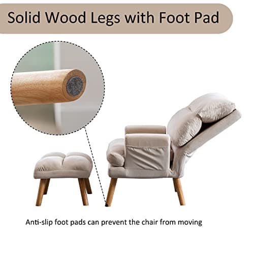 INZOY Accent Chairs with Ottoman Set, Modern Velvet Armchair with Adjustable Backrest, Comfy Lounge Chair for Living Room Bedroom, Beige