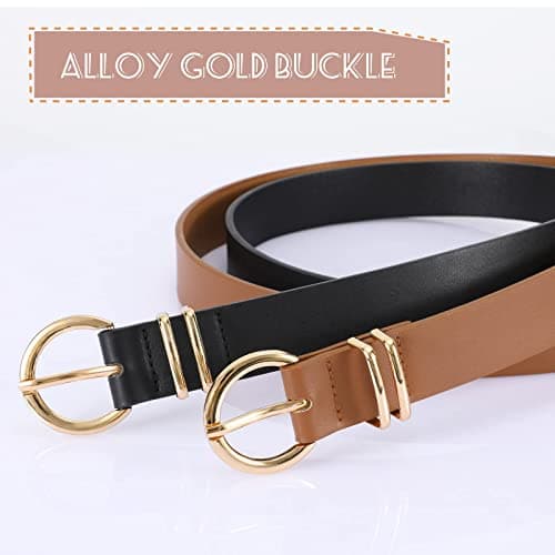 VONMELLI 2 Pack Women's Leather Belts for Jeans Dresses Fashion Gold Buckle Ladies Belt