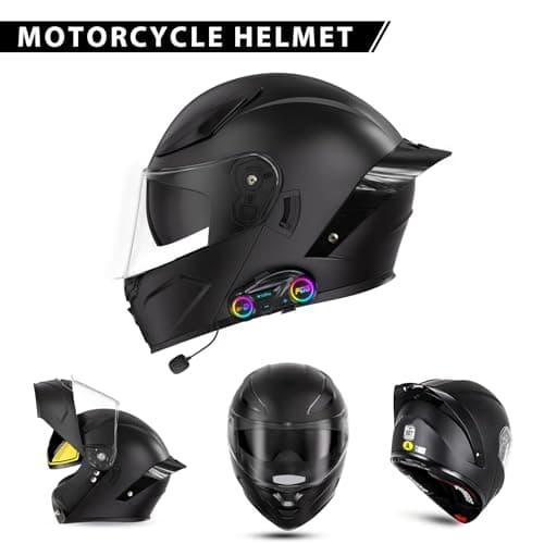 Bluetooth Motorcycle Helmet, Full Face Flip Up Modular Motorcycle Helmet with Bluetooth intercom headsets, DOT Approved Dual Visor Helmets