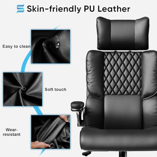 Sytas Ergonomic Office Chair with Adjustable Headrest, Executive Leather Desk Chair with Upgraded Lumbar Support for Lower Back Pain Relief, Thickened Backrest Computer Chair for Home Office, Black