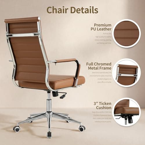 Okeysen Office Desk Chair, Ergonomic Leather Modern Conference Room Chairs, Executive Ribbed Height Adjustable Swivel Rolling Chair for Home Office. (Brown)