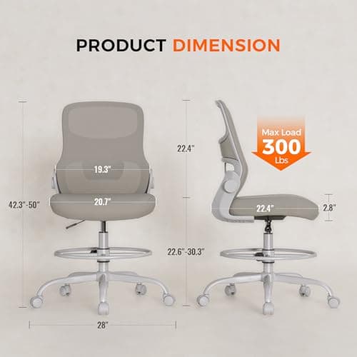 Drafting Chair Armless, Tall Office Chair with Adjustable Foot Ring and Lumbar Support, Ergonomic Mesh High Desk Chair for Standing Desk, Black