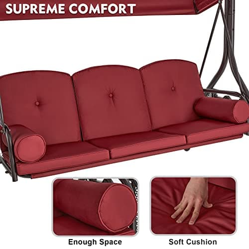HOMREST 3 Seat Outdoor Porch Swing with Adjustable Canopy, Convertible Patio Swing Bed with Stand, Patio Glider Swing with Upgraded Cup Holder, Thicken Cushions & Pillow for Backyard(Wine Red)