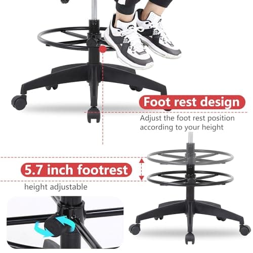BestOffice Drafting Chair Tall Office Chair Adjustable Swivel Rolling Mesh Height with Lumbar Support Arms Footrest Mid Back for Adults Standing Desk Drafting Stool(Black)