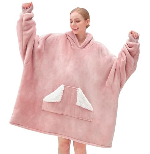 Touchat Wearable Blanket Hoodie, Oversized Sherpa Blanket Sweatshirt with Hood Pocket and Sleeves, Super Soft Warm Plush Hooded Blanket for Adult Women Men, One Size Fits All (Pink)