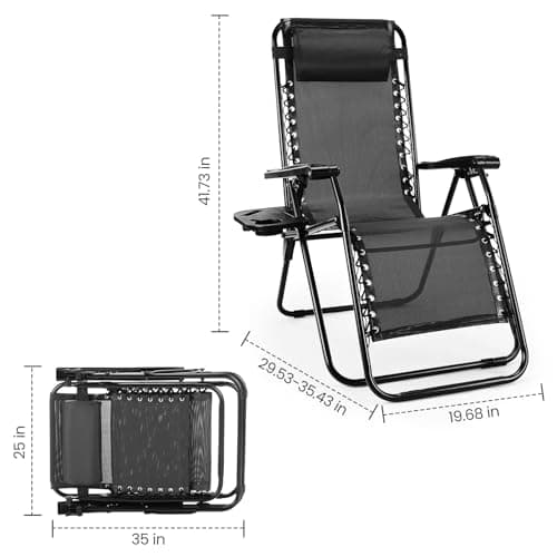 Sweetcrispy Zero Gravity Chairs, Set of 2 Portable Recliner Beach Camping Patio Outdoor Folding Lounge Chair with Cup Holder Trays and Adjustable Pillow for Poolside, Garden, Backyard, Lawn (Black)