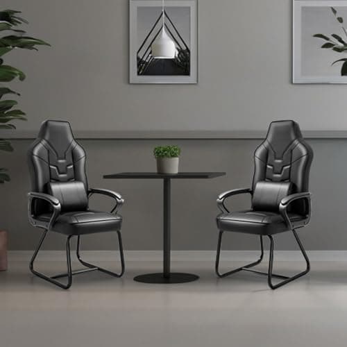 Leather Office Guest Chair No Wheels High Back Computer Reception Chairs with Padded Arms Waist Pillow for Gaming Meeting Conference Waiting Room, Black