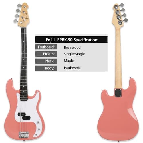 Fojill Full Size 4 Four String Electric Bass Guitar 20W Amplifier Amp Right Hand Beginner Starter Kit Set Combo Bundle Accessory Gig Bag,Strap,Picks,Capo,Noiselss Cable,Strings (Pink)