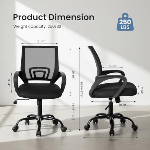DUMOS Home Office Chair - Ergonomic Mid Back Mesh Desk Chair with Lumbar Support & Rocking Mode, Height Adjustable with Fixed Armrest, for Computer, Gaming, Meeting, 360° Swivel, Black