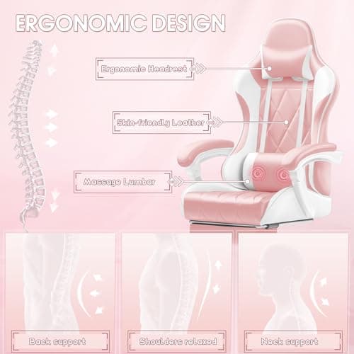 Shahoo Gaming Chair with Footrest and Massage Lumbar Support, Ergonomic Office Computer Seat Height Adjustable with Headrest, Pink