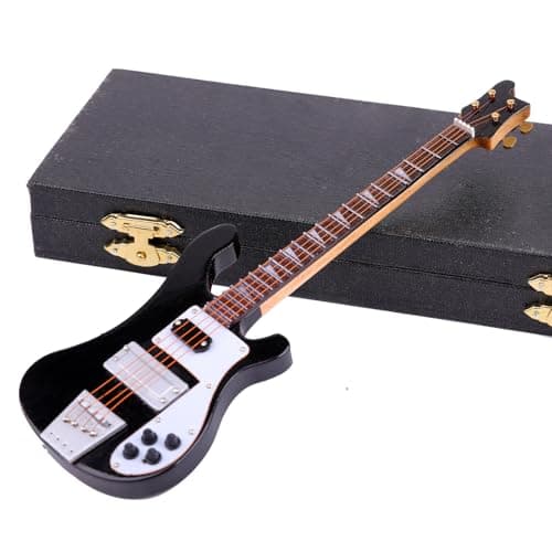 Dselvgvu Wooden Miniature Electric Bass Guitar with Stand and Case Mini Musical Instrument Electric Bass Guitar Replica Collectible Figurines Model Home Decoration Birthday Gifts (7.87"x2.36"x0.35")