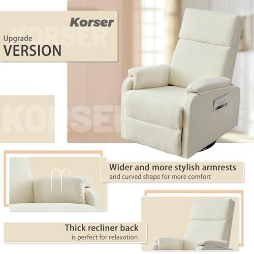 Korser Recliner Chair, Swivel Rocking Recliner Chair for Adults, Glider Rocking Chair, Small Nursery Chair Recliner for Living Room, Reclining Chair with Modern-Designed Armrests, Chenille, Beige
