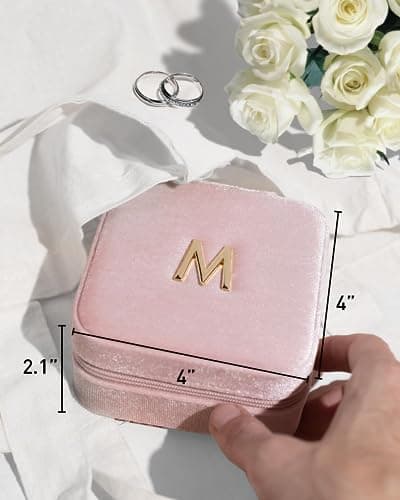 Vlando Birthday Gifts for Women Friendship, Personalized Initial Jewelry Box, Friendship Gifts for Women Friends, Travel Essentials Small Jewelry Box, Travel Box for Girls - Letter J, Pink