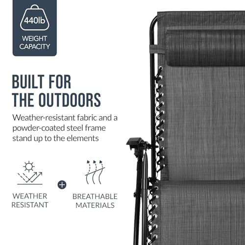 Best Choice Products Set of 2 Extra Wide Adjustable Steel Mesh Zero Gravity Lounge Chair Recliners w/Pillows and Cup Holder Trays - Gray