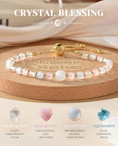 Moonstone Rose Quartz Aquamarine & Clear Quartz, Adjustable Bolo Chain, Birthday Blessing Card & Pouch for Teens Tweens HGDEER Her Milestone Birthday, Crystal Wishes Bracelet Gifts for Girls B0GR99N15M