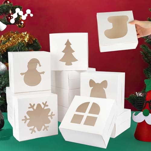 12 PCS Christmas Cookie Boxes, 6×6×3 Inches Treat Boxes Tin, Small Pastry Boxes with Window, for Gift Giving Packaging Dessert Bakery Cupcake Baked Goods (White)