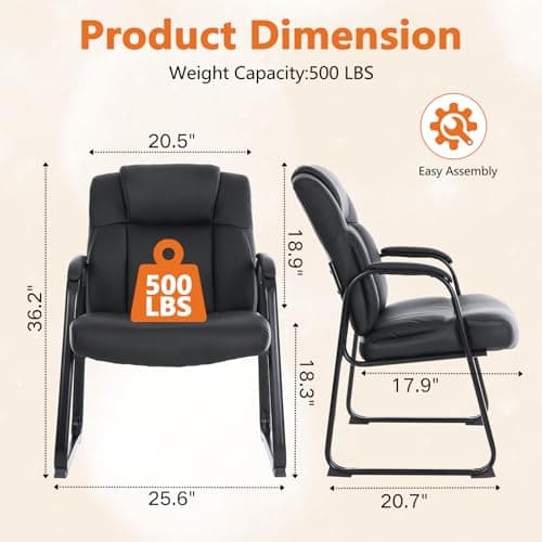 CLATINA Big and Tall Office Chair 500lbs Leather Reception Chair with Bonded Padded Armrest Wide Seat Sled Base Desk Chair No Wheels for Reception Conference Waiting Room Side Office Home, Black
