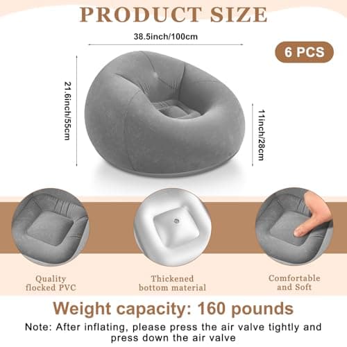 Realspring 6 9 12 Pcs Inflatable Bean Bag Chairs for Adults with Electric Air Pump, Blow up Couch Folding Portable Inflatable Couch Lazy Sofa for Outdoor Movie Night Camping(Gray,6 Pcs)