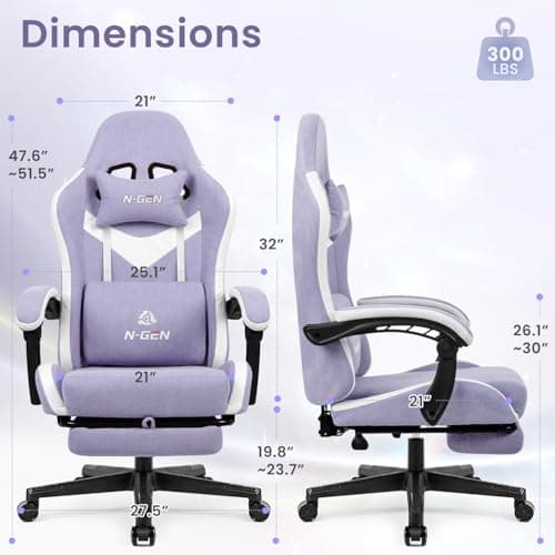 N-GEN GAMING Video Gaming Chair Office Computer Desk Use Ergonomic Reclining Backrest Adjustable Armrests Lumbar Support Footrest High Density Foam Breathable Fabric Heavy Duty Base (Purple)
