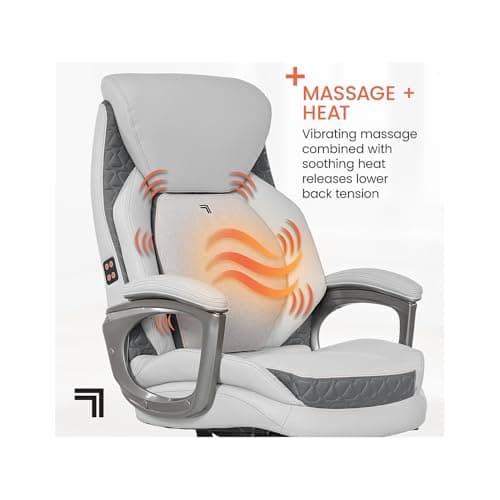 Sharper Image S600 Active Lumbar Ergonomic Bonded Leather Swivel Executive Massage Chair, White/Gray