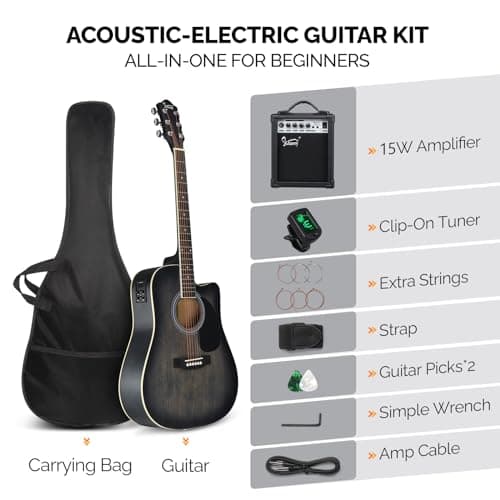 GLARRY Full Size 6 Strings Acoustic Electric Guitar Beginner Kit w/ 15W Amp, Cutaway 41 Inch Electric Acoustic Guitar w/Inbuilt Tuner, Bag, Strap, Picks, Strings, Basswood Guitarra, Distressed Black