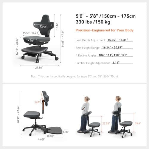 Newtral Standing Mate Chair, 5-in-1 Ergonomic Office Chair for Standing Desk, Sit Stand Lean Perch Saddle Stool with Flip Backrest & Dynamic Posture Support, Height Adjustable Active Chair