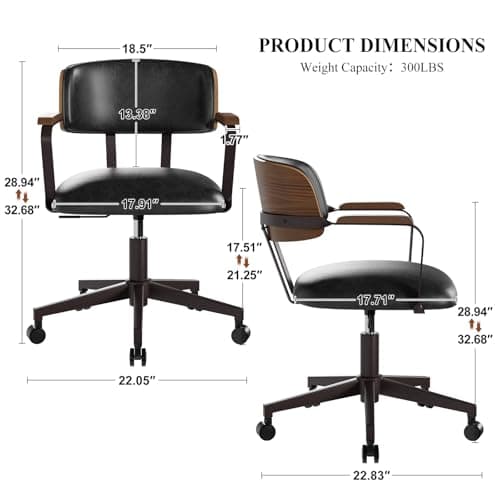 Mid-Century Modern Desk Chair with Walnut Bentwood Design,Retro Home Office Chair with Adjustable Height,360°Swivel,Smooth Rolling Casters,Small Computer Chair PU Leather (Black)