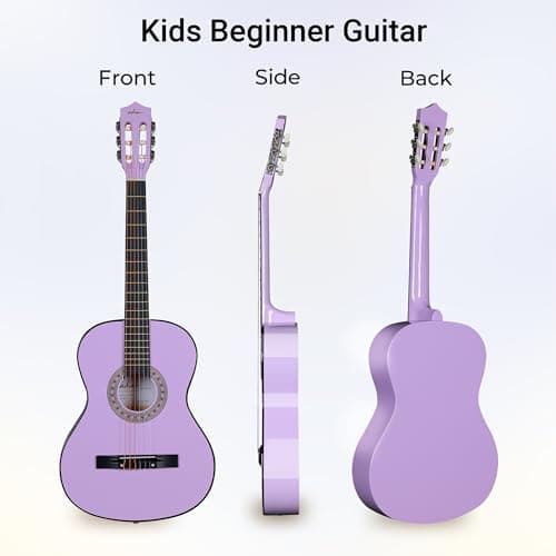 ADM Beginner Acoustic Classical Guitar 38 Inch Nylon Strings Wooden Guitar Bundle Kit for Kid Boy Girl Student Youth Guitarra Online Lessons with Gig Bag, Strap, Tuner, Strings, Purple