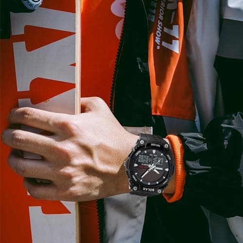 FANMIS Men's Solar Powered Casual Quartz Wrist Watch Analog Digital Multifunctional Black Sports Watch