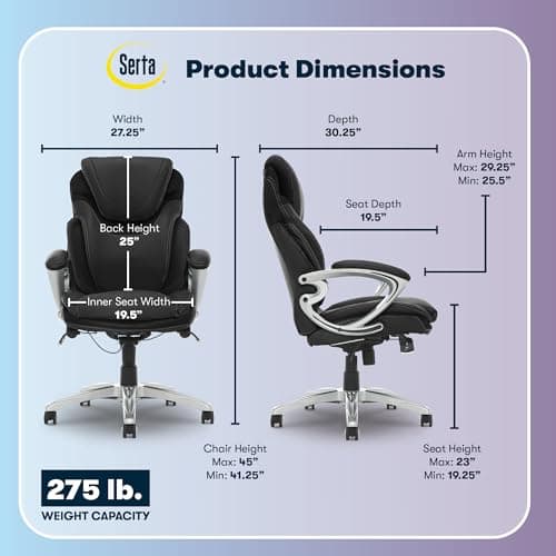 Serta Bryce Executive Office Chair - Ergonomic Computer DeskChair with Lumbar Technology - Adjustable Height - Memory Foam Body Pillows - 360° Swivel Rolling Base - Bonded Leather - Black