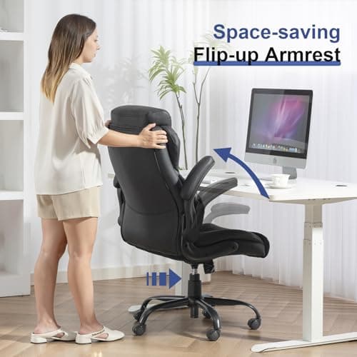 Brage Living 400LBS Big and Tall Office Chair, Heavy Duty Leather Executive Desk Chair with Padded Flip-up Arms, Swivel Rolling Computer Chair for Home Office, Black