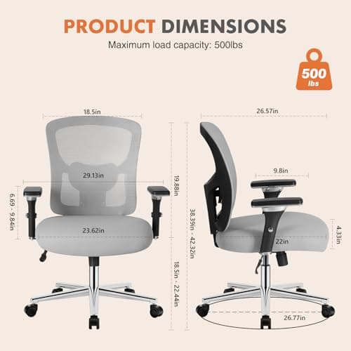 Sweetcrispy Big and Tall Office Desk Chair with Lumbar Support, 500lbs Heavy Duty Mesh Ergonomic Computer Chair with 4D Armrest and Wide Comfy Seat, 360° Swivel Wheels for Adult, Grey
