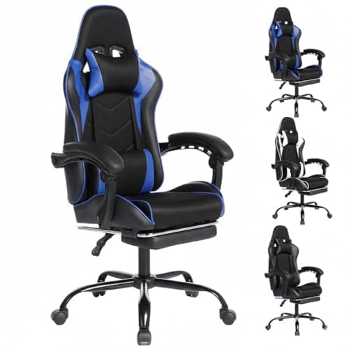 Gaming Chair, Gaming Chairs for Adults Ergonomic Gaming Chair with footrest Video Computer Chair with Headrest and Massage Lumbar Support for Adults, Kids 12+ (Black+Blue-B)