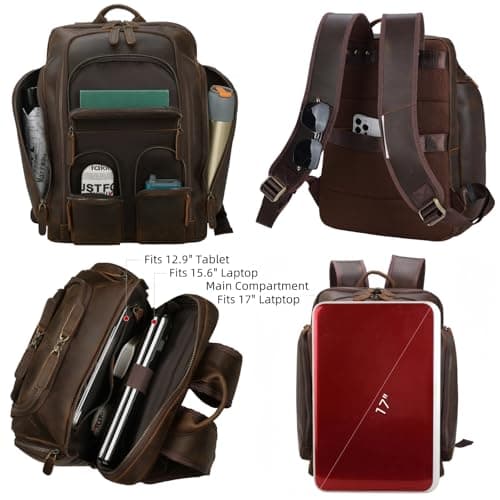 Masa Kawa Leather Backpack for Men with 16" Laptop & Camera Lens Sleeve, Multi Pockets Weekend Trip Business Travel Overnight Camping Bag, Vintage Brown