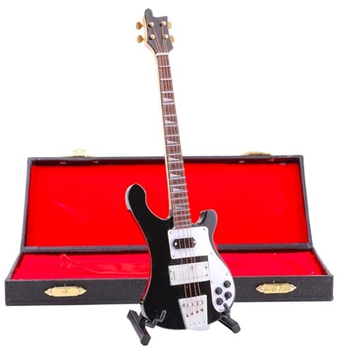 Dselvgvu Wooden Miniature Electric Bass Guitar with Stand and Case Mini Musical Instrument Electric Bass Guitar Replica Collectible Figurines Model Home Decoration Birthday Gifts (7.87"x2.36"x0.35")