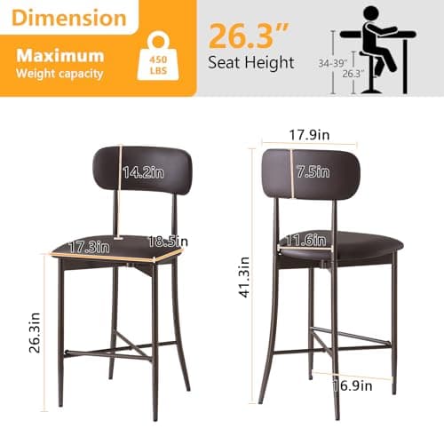 26.3 Inch Counter Height Bar Stools, Modern Counte Stools with Backrest,Counter Height Chairs with Leather Seat, Sturdy Frame and Footrests for Kitchen Island, Dining Room, Counter,Dark Gray