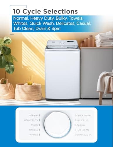 BLACK+DECKER 4.1 Cu. Ft. Top Loading Washing Machine with Agitator, Full Size Washing Machine with Glass Lid and Stainless Steel Tub, Machine with LED Display, 10 Wash Cycles, 120V, BTLW41MW, White