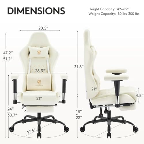 Gaming Chair,Computer Office Chair with Footrest,Massage Lumbar Support and Gel Pad,Ergonomic Reclining Leather Gamer Chair with Headrest,Adjustable Armrests and Spring Cushion Ivory