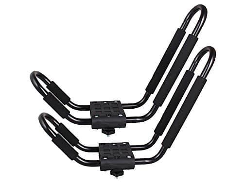 TMS Kayak Roof Racks for 2 Kayaks - Dual Universal Fit Carriers Include Two Sets of Straps for Cars, Trucks and SUVs - Easy to Mount J-Bar Style Carriers for Kayaks Canoes Paddleboards and Surfboards