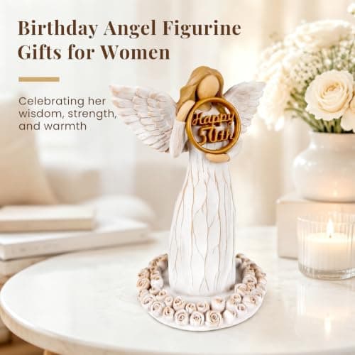 Hand-Painted Resin Angel Figurine with Rose Base, Milestone Birthday Gift for Mom Grandma Wife Sister 50th Birthday Gifts for Women - Replaceable 60th, 70th, 80th Age Plates B0H8CG1828