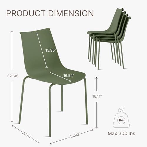 KISLOT Dining Chairs Set of 4, Plastic Outdoor Dining Room Chairs with Metal Legs, PP Anti-UV Stackable Patio Chairs with Ergonomic Back & Curved Seat for Kitchen Swimming Pool, Easy Assembly, Green