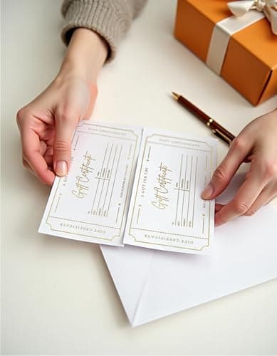 Blank Gift Certificates with Envelopes, 3.5" x 7.25" Blank Gift Certificates for Business, Christmas Gifts, Salon, Spa, Birthday, Mother’s Day or Holiday Gifting, 25 Custom Cards (Gold)