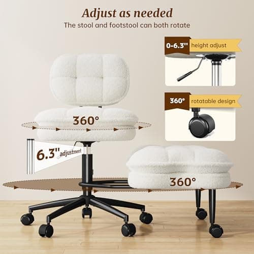 DurayLoly Ergonomic Cross Legged Chair 360° Swivel Meditation Chair with Wheels, Height Adjustable Seat for ADHD, Strong Lumbar Support,Home Office Furniture, Teddy Fabric,White