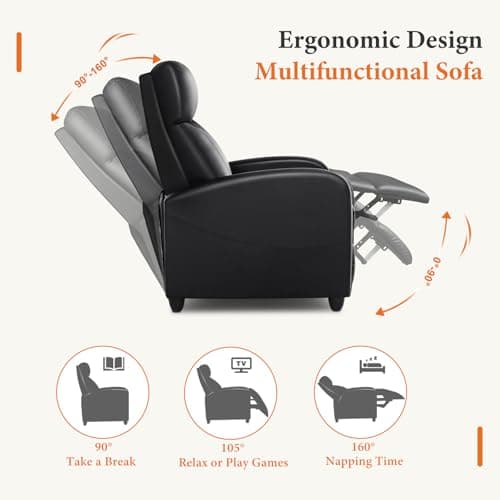 Sweetcrispy Recliner Chair PU Leather Recliner Sofa No Massage, Home Theater Seating with Lumbar Support, Adjustable Push Back Overstuffed High-Density Sponge Reclining for Living Room, Black