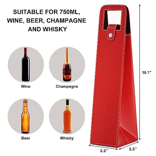 Wine Gift Bag, Reusable Leather Wine Tote Carrier, Single Bottle Champagne Beer Gift Bags Carrier for Birthday, Wedding, Picnic Party, Christmas Gifts (Red)