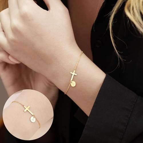 HiStock Sotcking Stuffers for Teens, Cross Bracelet for Women Dainty Cross Bracelet with Initials Link Chain Bracelets Christian Gifts for Women Teens Easter Baptism Religious Jewelry