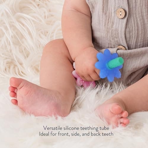 Itzy Ritzy Teensy Tube Teether – Textured Hollow Baby Teething Tube That Reaches Front Teeth & Back Molars, Made of Soft Silicone (Pink Rainbow)