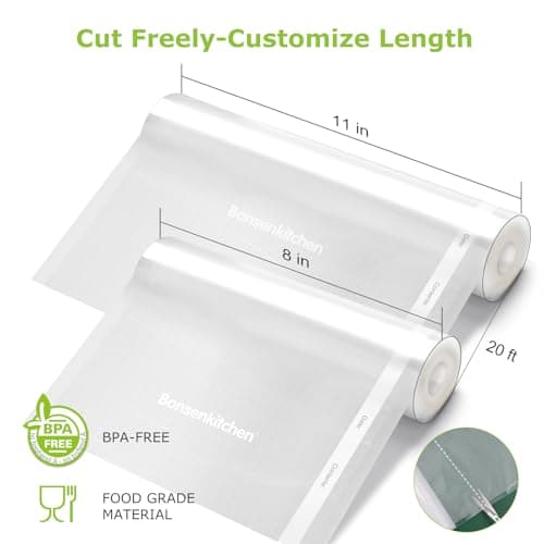 Bonsenkitchen Vacuum Sealer Rolls Bags, 6 Pack 3 Rolls 11" x 20' + 3 Rolls 8" x 20' Commercial Grade BPA Free Bag Rolls, Durable Customized Size Food Vac Bags for Storage and Sous Vide Cooking VB3211