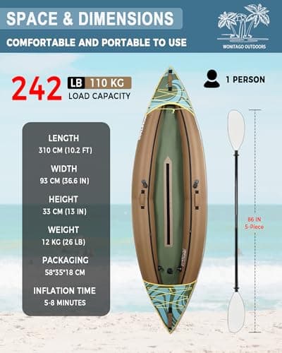 Inflatable Kayak, Portable Ripstop Oxford Cloth Recreational Touring Kayak with Fiberglass Kayak Paddle, Hand Pump and Carrying Bag, 1/2 Person