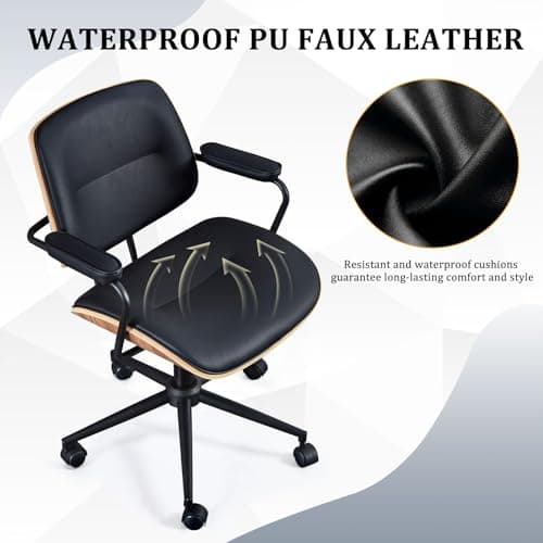 BV BONNE VIE Mid Century Walnut Office Chair with Arms, Adjustable Swivel Desk Chair, Leather Computer Chair with Rolling Wheels for Home Office or Study Room, Black